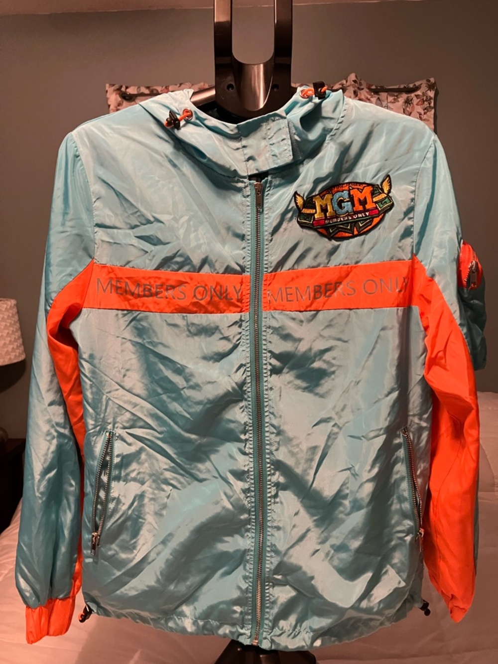MGM Members Only Windbreaker Jacket Mens L Teal Orange Hooded Streetwear Logo